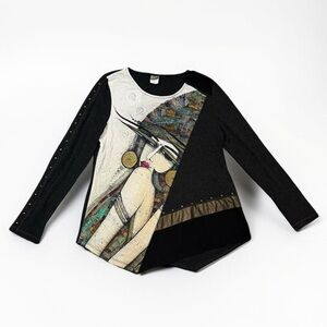 Dolcezza Art Print Studded Long Sleeve Top Size Large Lagenlook Avant Garde